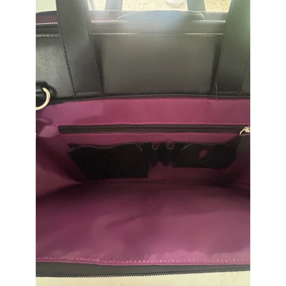 Vie Black Leather Laptop Briefcase Bag Purple Lining Work Tote Messenger